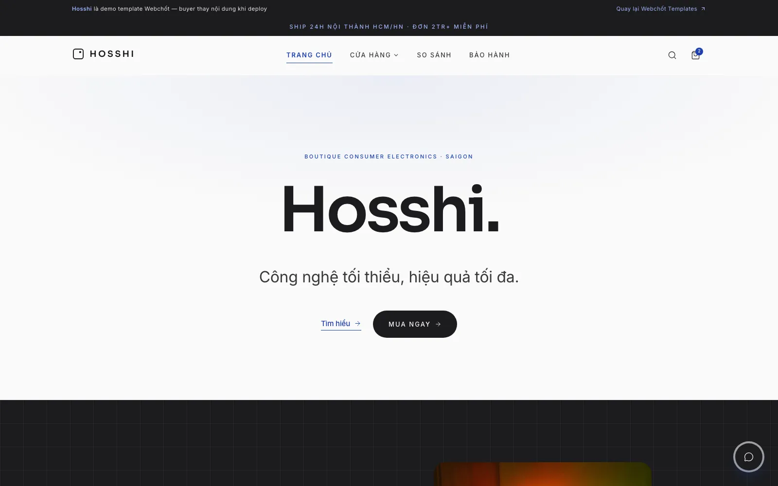 Ảnh chụp mẫu web bán hàng Hosshi — Công nghệ tối thiểu — ngành Điện tử · phụ kiện
